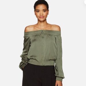 *NEW* (WTS) BCBG MAXAZRIA off the
shoulder olive green cropped bomber jacket